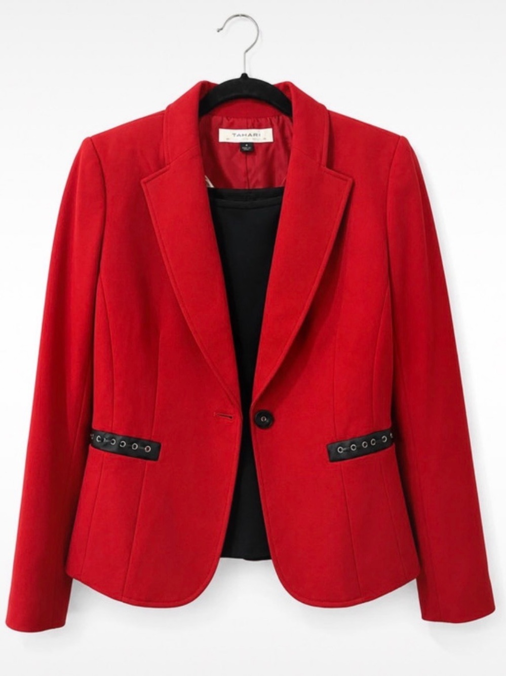 Tahari Red Tailored Single-Button Blazer with Black Accent and Pencil Skirt